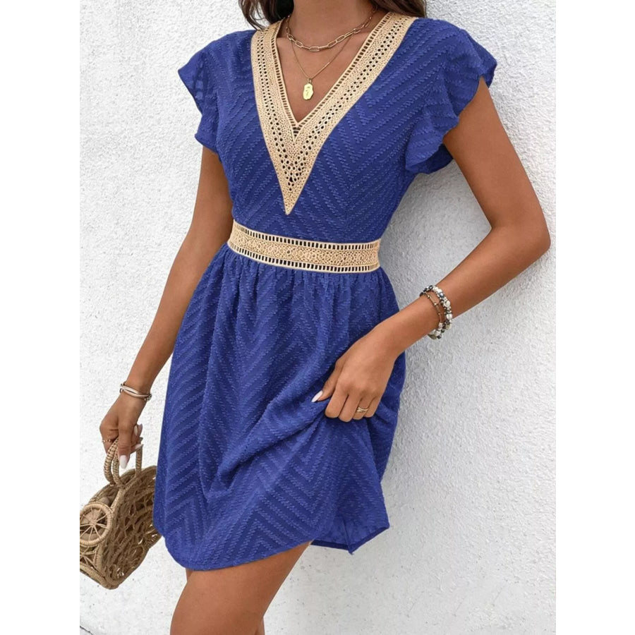 V-Neck Ruffle Sleeve Mini Dress Apparel and Accessories