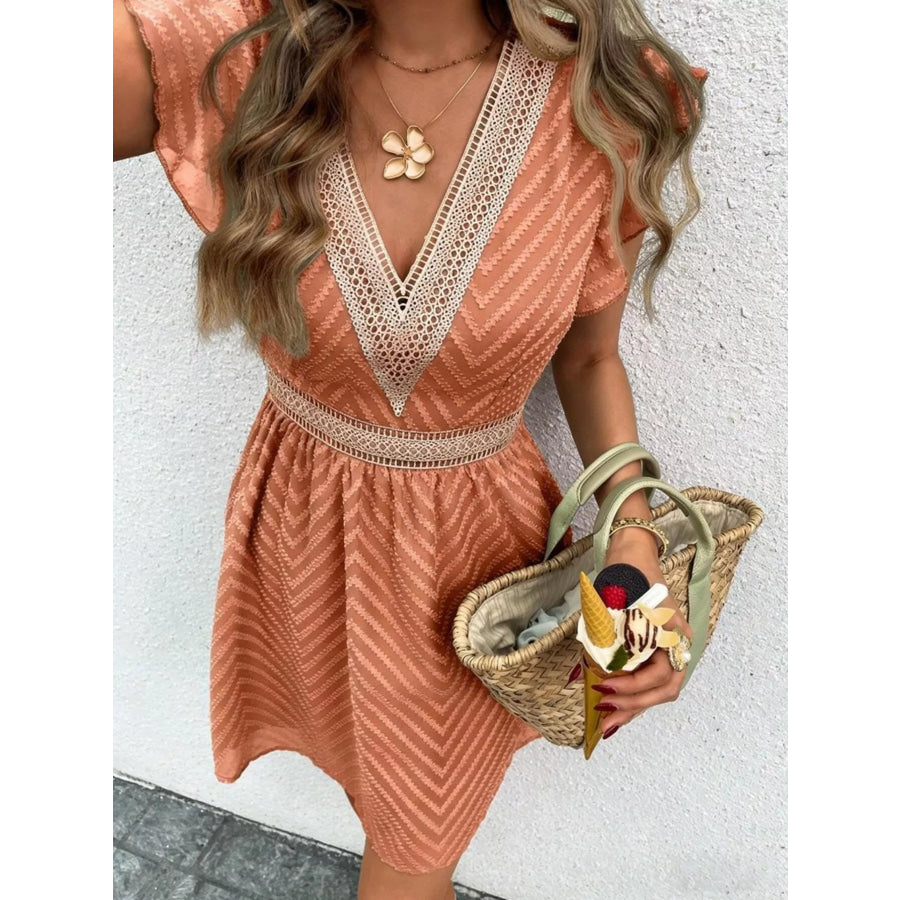 V-Neck Ruffle Sleeve Mini Dress Burnt Coral / XS Apparel and Accessories