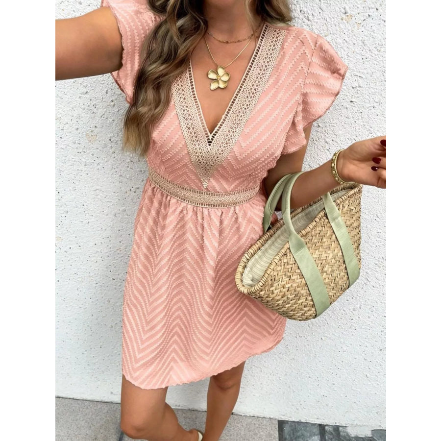 V-Neck Ruffle Sleeve Mini Dress Watermelon pink / XS Apparel and Accessories