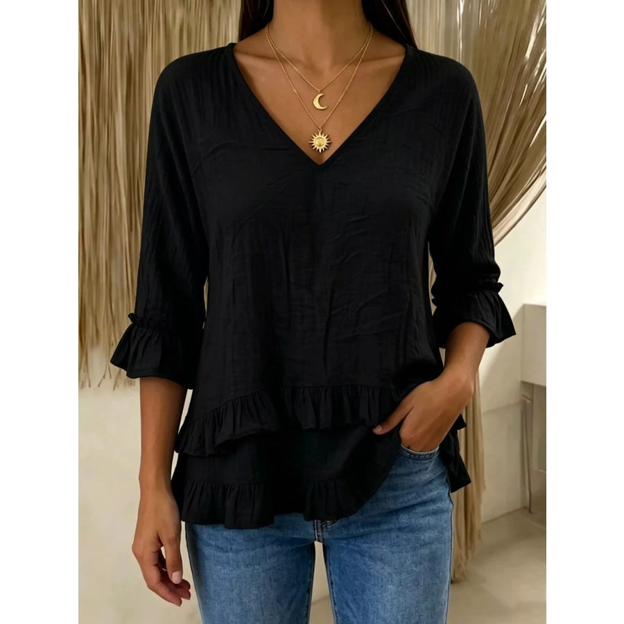 V-Neck Ruffle Sleeve Top Black / S Apparel and Accessories
