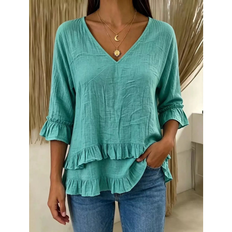 V-Neck Ruffle Sleeve Top Green / S Apparel and Accessories
