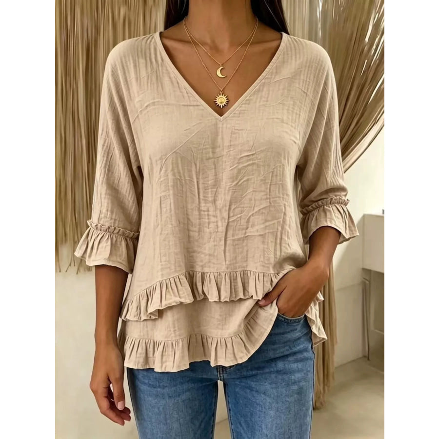 V-Neck Ruffle Sleeve Top Green / S Apparel and Accessories