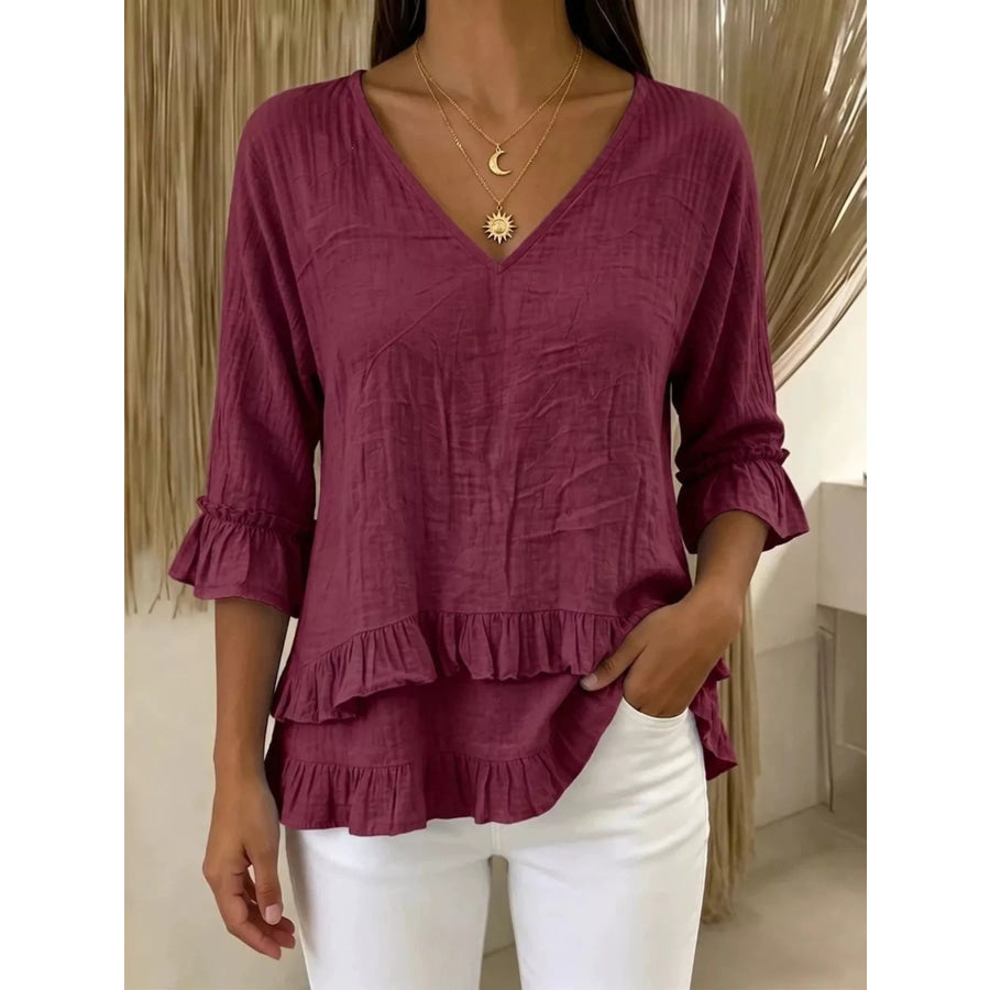 V-Neck Ruffle Sleeve Top Red / S Apparel and Accessories
