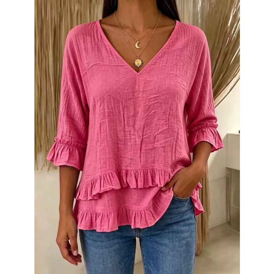 V-Neck Ruffle Sleeve Top Rose Red / S Apparel and Accessories