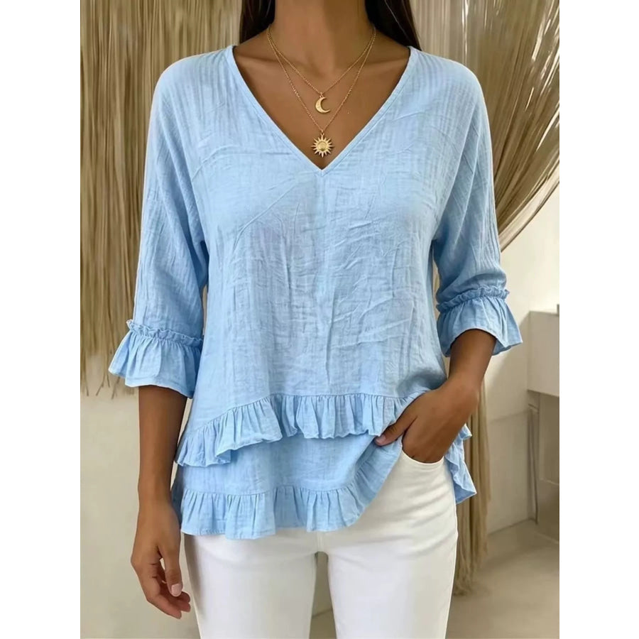 V-Neck Ruffle Sleeve Top Sky Blue / S Apparel and Accessories