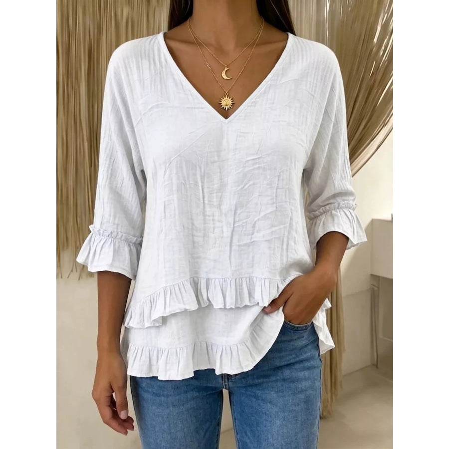 V-Neck Ruffle Sleeve Top White / S Apparel and Accessories