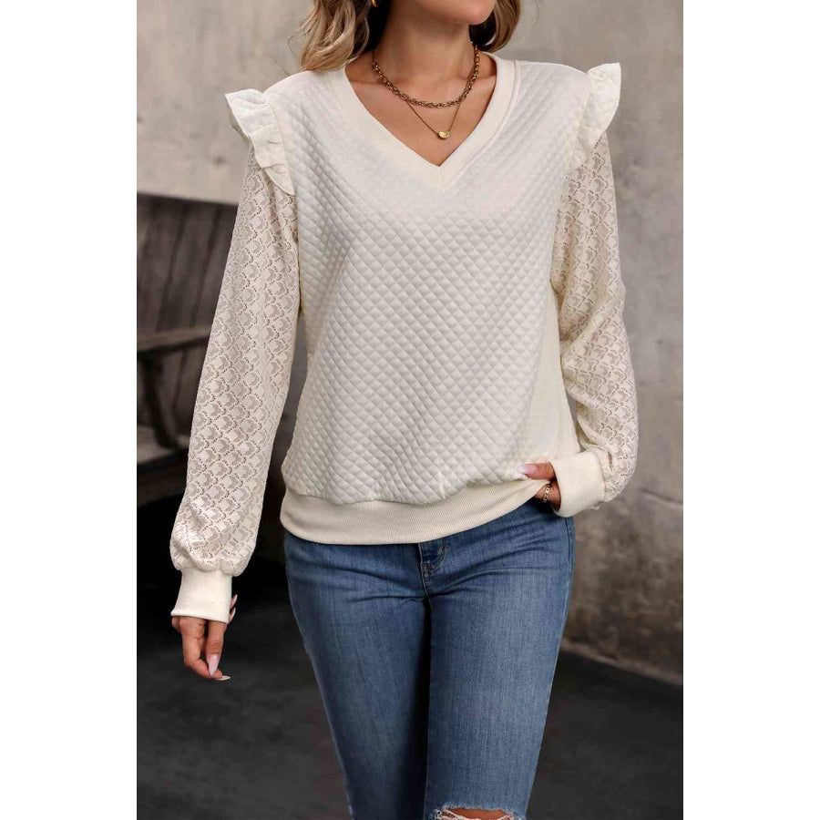 V-Neck Ruffle Trim Long Sleeve Sweatshirt Cream / S