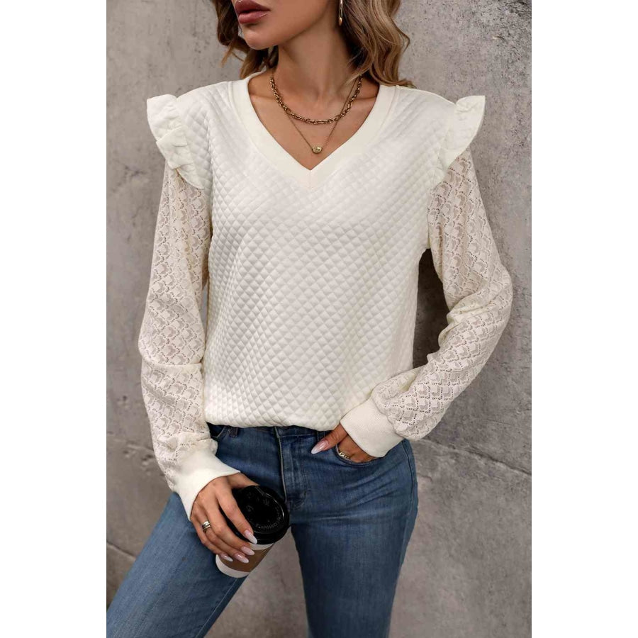 V-Neck Ruffle Trim Long Sleeve Sweatshirt