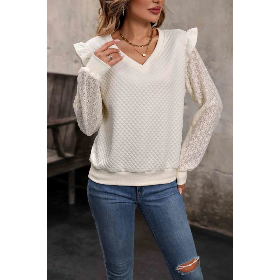 V-Neck Ruffle Trim Long Sleeve Sweatshirt