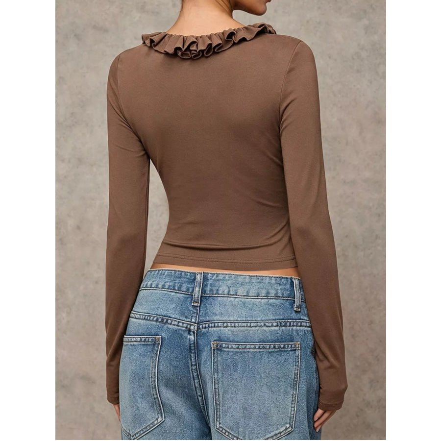 V-Neck Ruffle Trim Ruched Long Sleeve Slim Fit Top Apparel and Accessories
