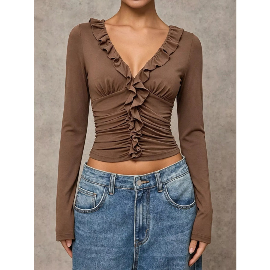 V-Neck Ruffle Trim Ruched Long Sleeve Slim Fit Top Apparel and Accessories