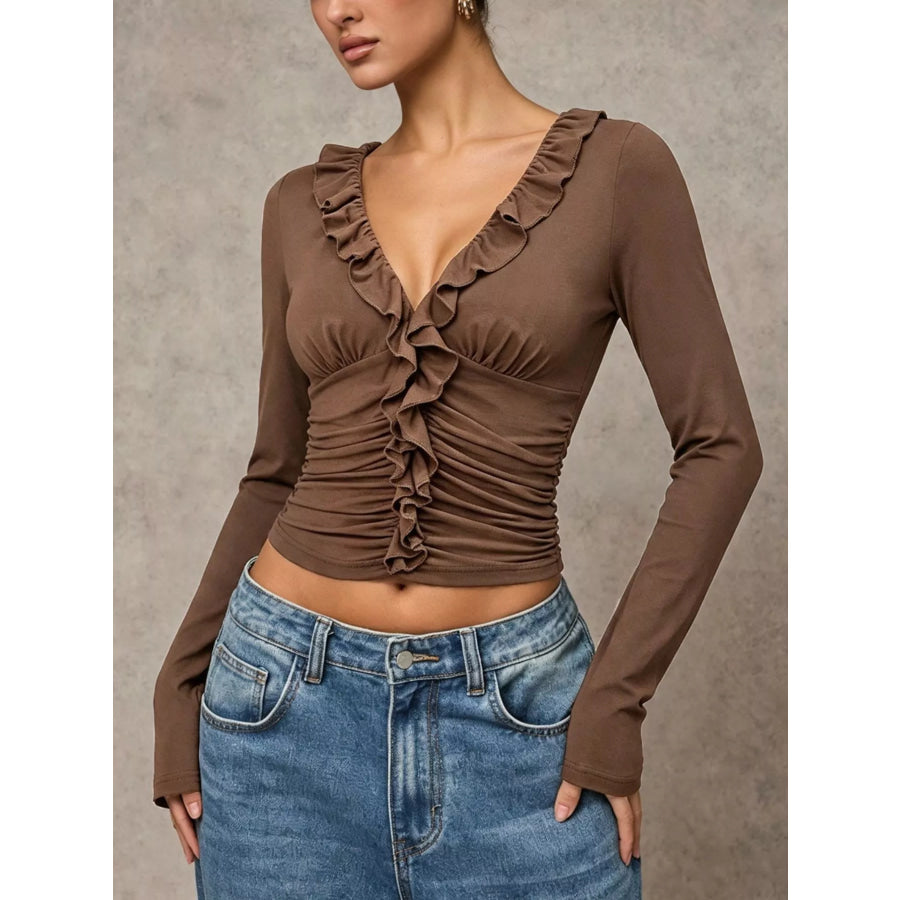 V-Neck Ruffle Trim Ruched Long Sleeve Slim Fit Top Apparel and Accessories