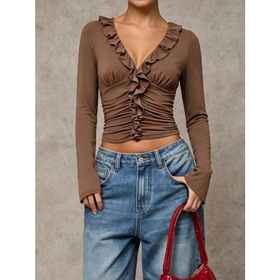 V-Neck Ruffle Trim Ruched Long Sleeve Slim Fit Top Apparel and Accessories