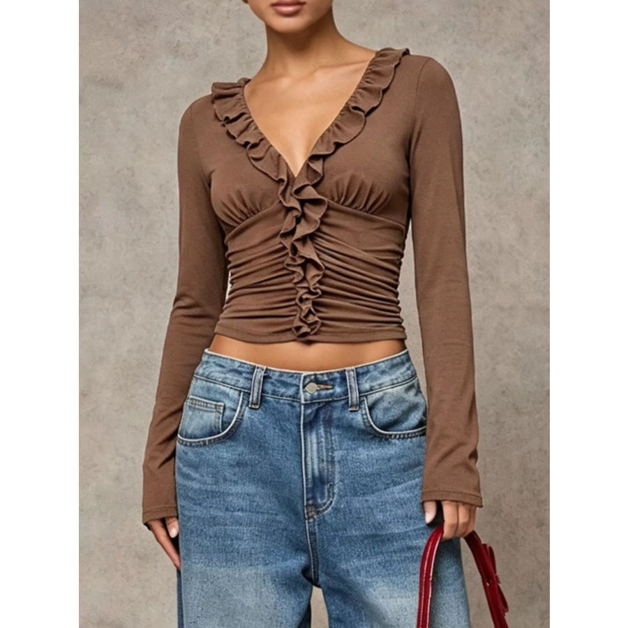 V-Neck Ruffle Trim Ruched Long Sleeve Slim Fit Top Coffee Brown / S Apparel and Accessories