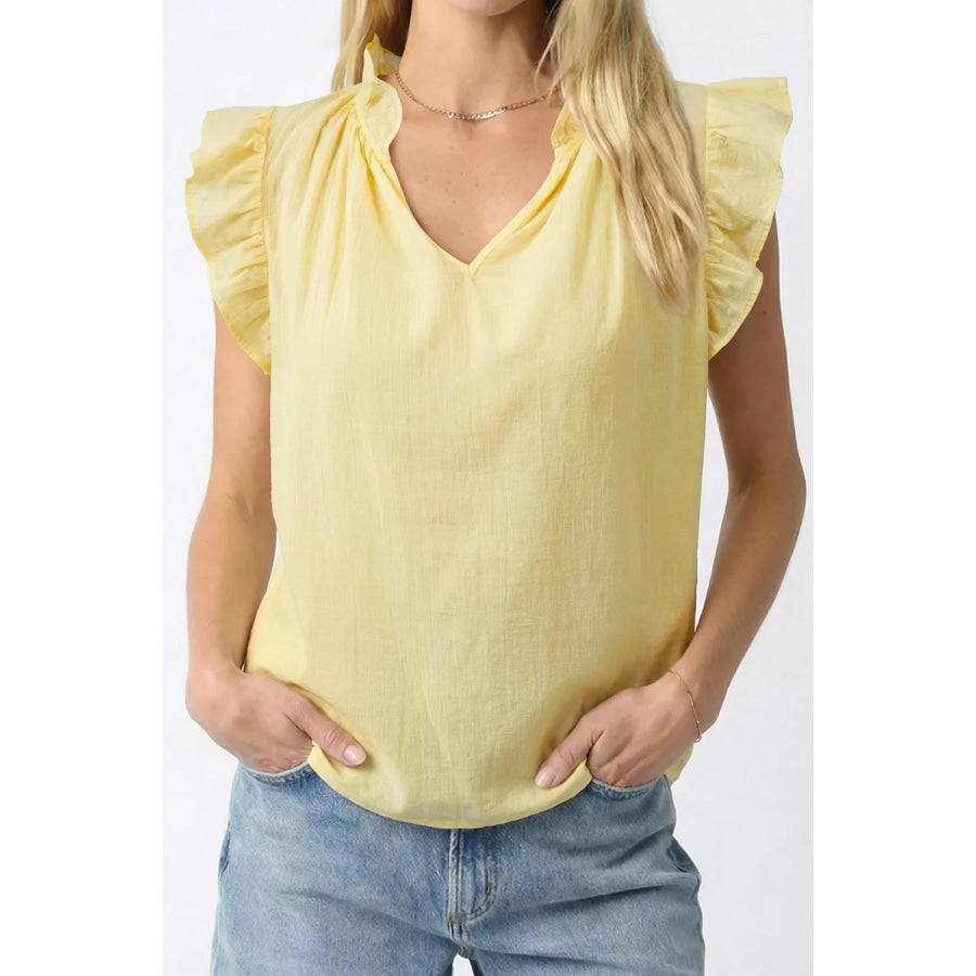 V Neck Ruffle Trim Sleeveless Shift Top Pastel Yellow / S Apparel and Accessories