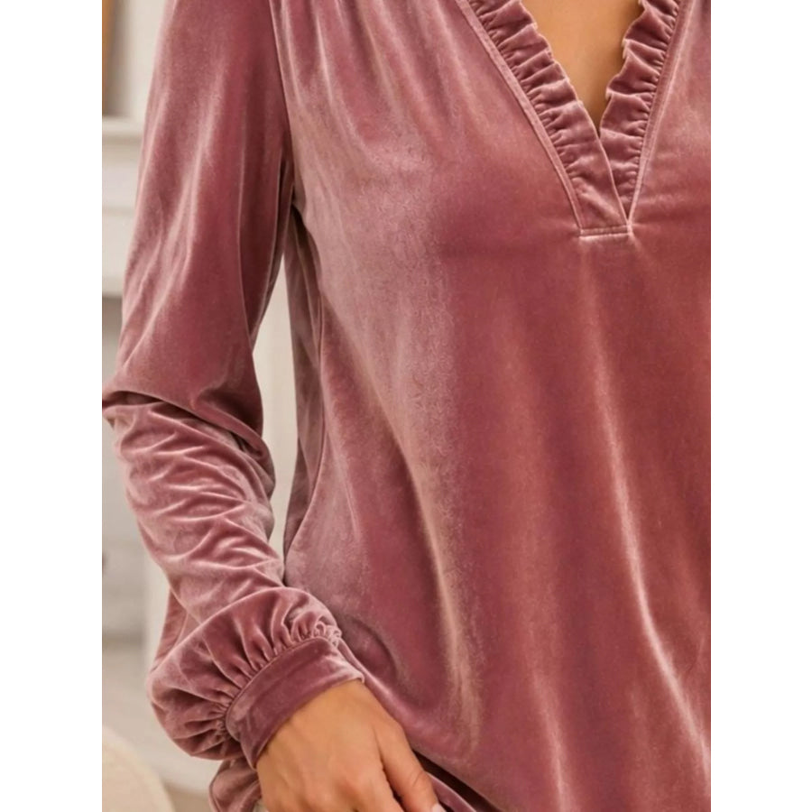 V-Neck Ruffle Trim Velvet Blouse Apparel and Accessories