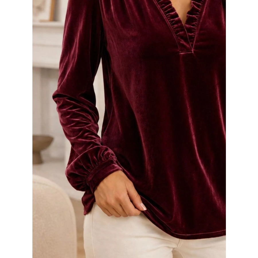 V-Neck Ruffle Trim Velvet Blouse Apparel and Accessories