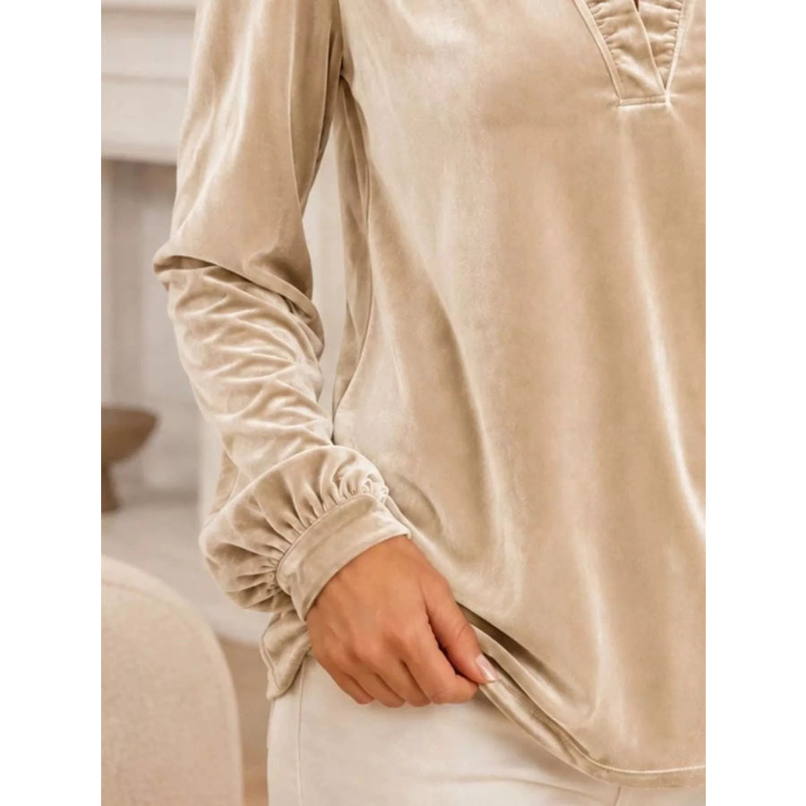 V-Neck Ruffle Trim Velvet Blouse Apparel and Accessories