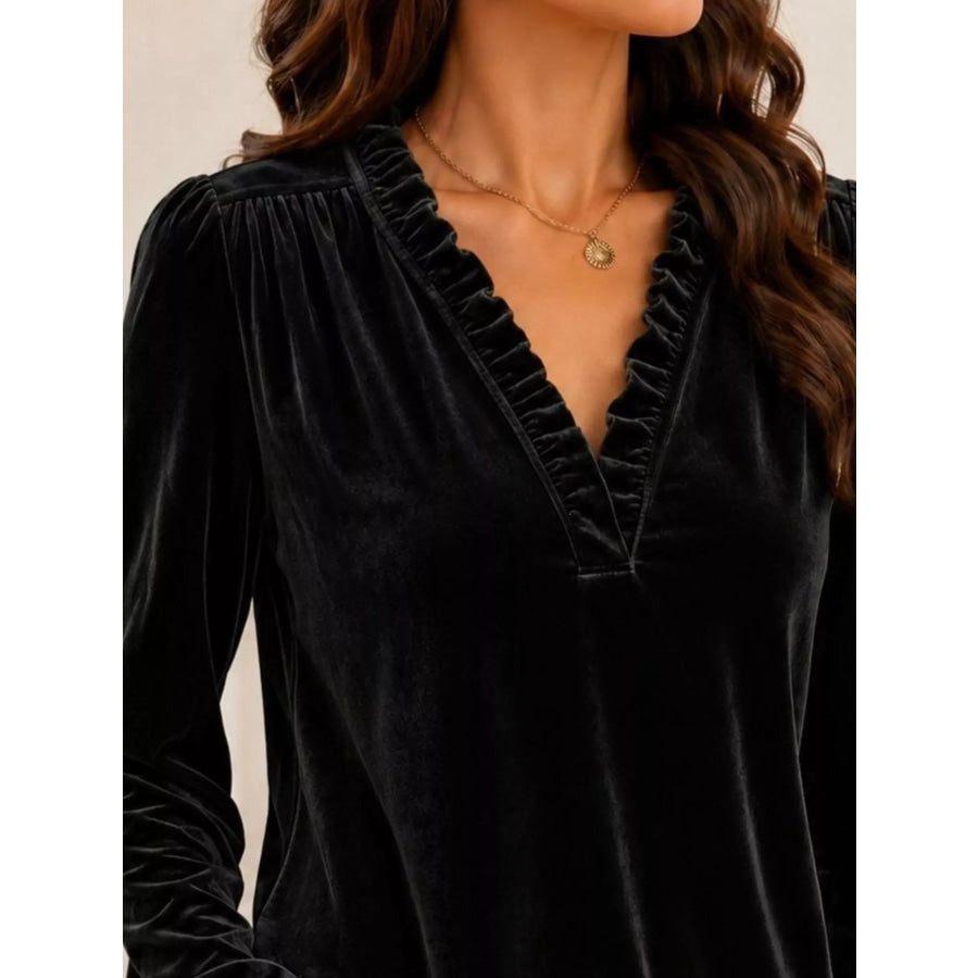 V-Neck Ruffle Trim Velvet Blouse Apparel and Accessories