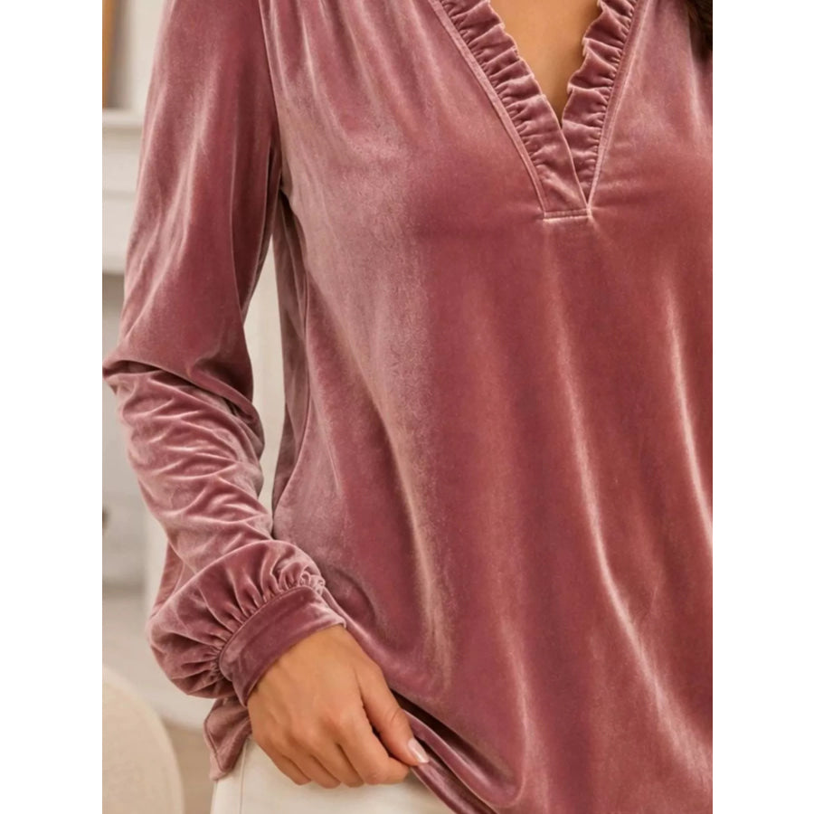 V-Neck Ruffle Trim Velvet Blouse Apparel and Accessories