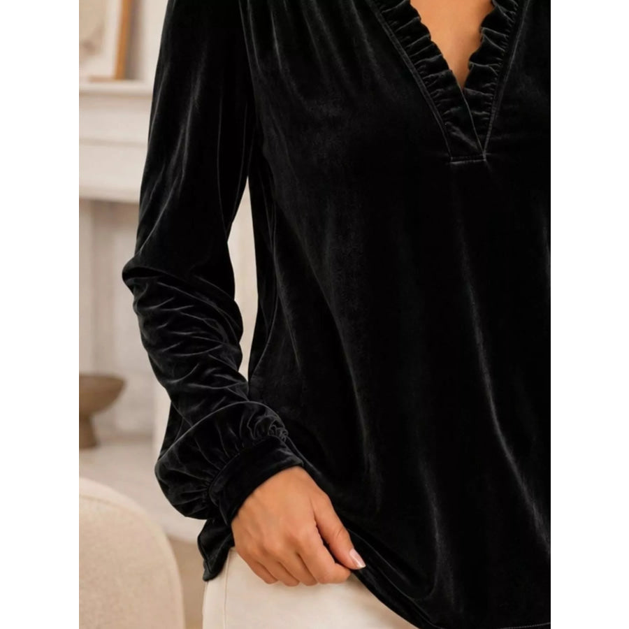 V-Neck Ruffle Trim Velvet Blouse Apparel and Accessories