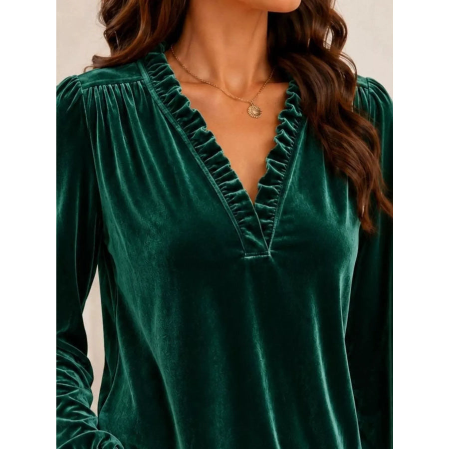 V-Neck Ruffle Trim Velvet Blouse Apparel and Accessories