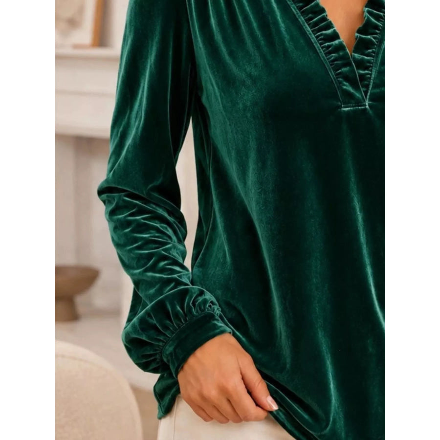 V-Neck Ruffle Trim Velvet Blouse Apparel and Accessories