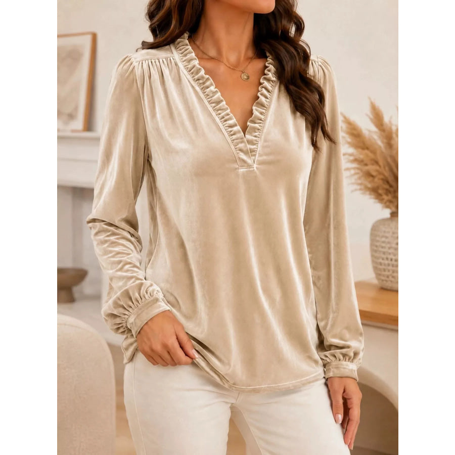V-Neck Ruffle Trim Velvet Blouse Beige / S Apparel and Accessories