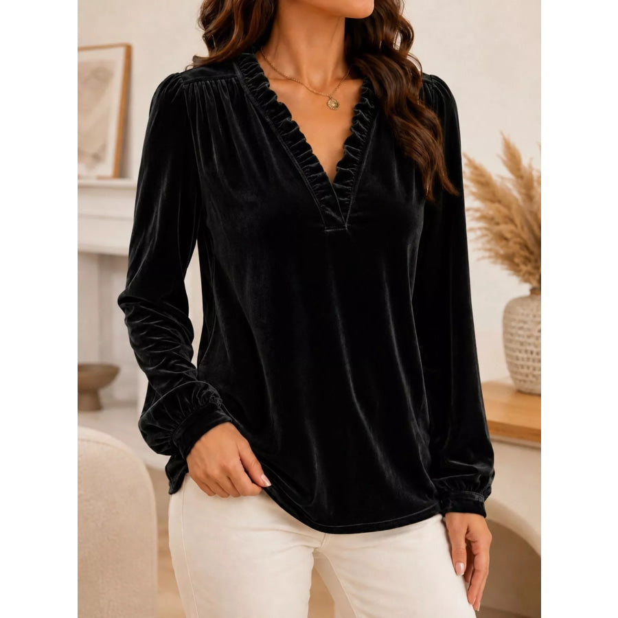 V-Neck Ruffle Trim Velvet Blouse Black / S Apparel and Accessories
