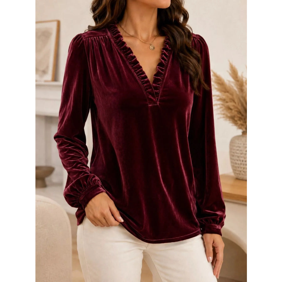 V-Neck Ruffle Trim Velvet Blouse Burgundy / S Apparel and Accessories