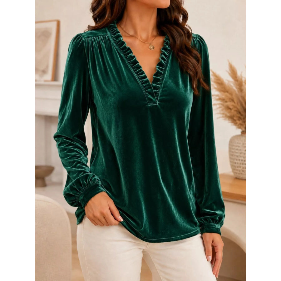 V-Neck Ruffle Trim Velvet Blouse Dark Green / S Apparel and Accessories