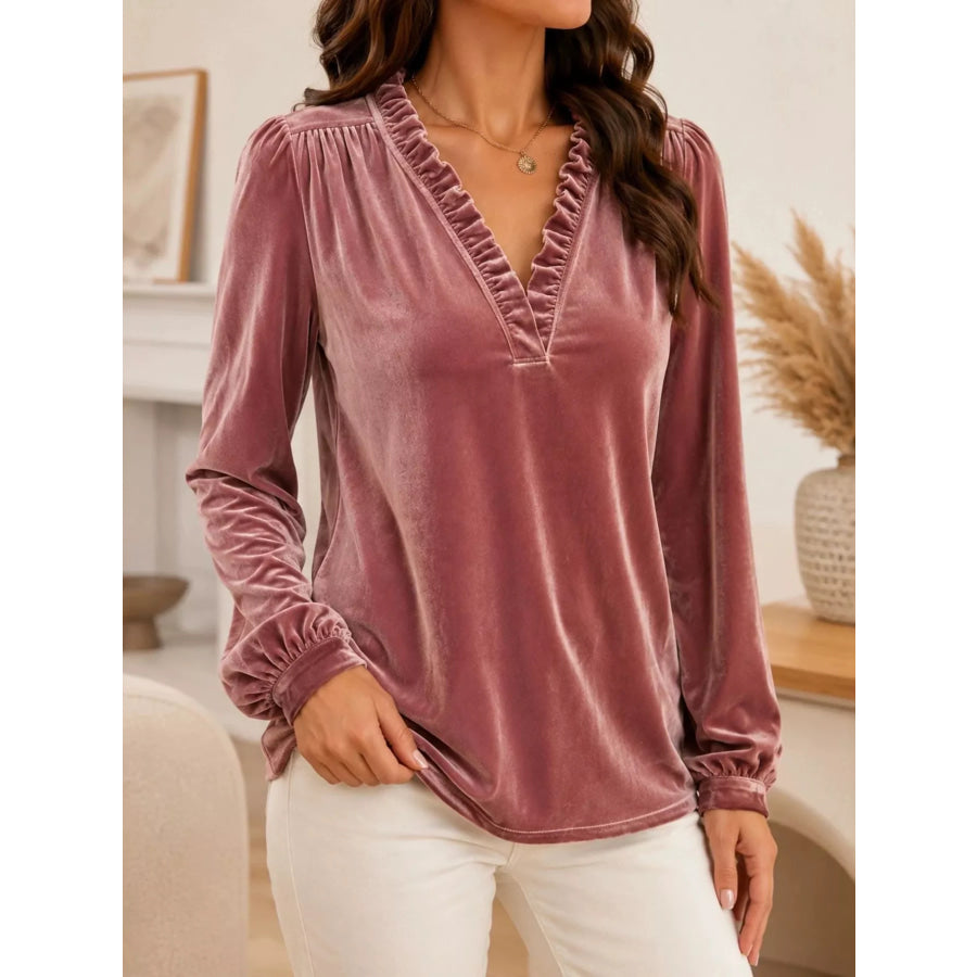 V-Neck Ruffle Trim Velvet Blouse Dusty Pink / S Apparel and Accessories