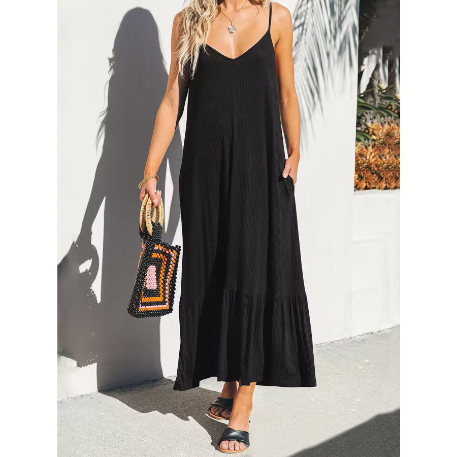 V-Neck Ruffled Hem Midi Cami Dress Black / S Apparel and Accessories