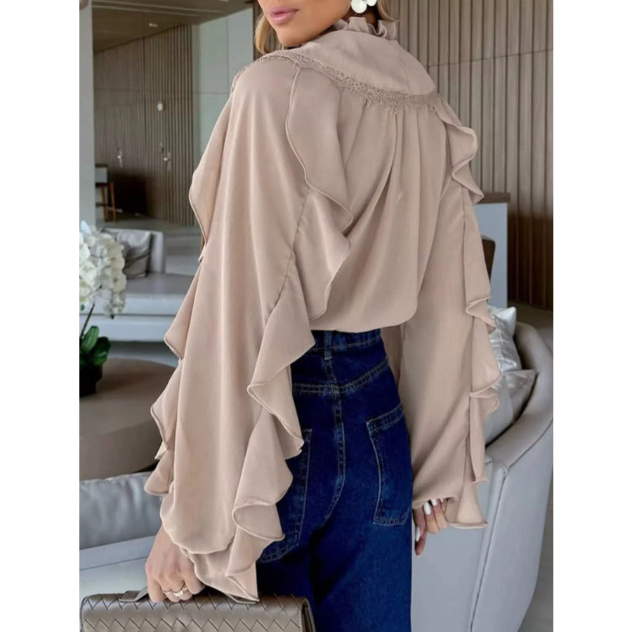 V-Neck Ruffled Lace Trim Blouse Apparel and Accessories