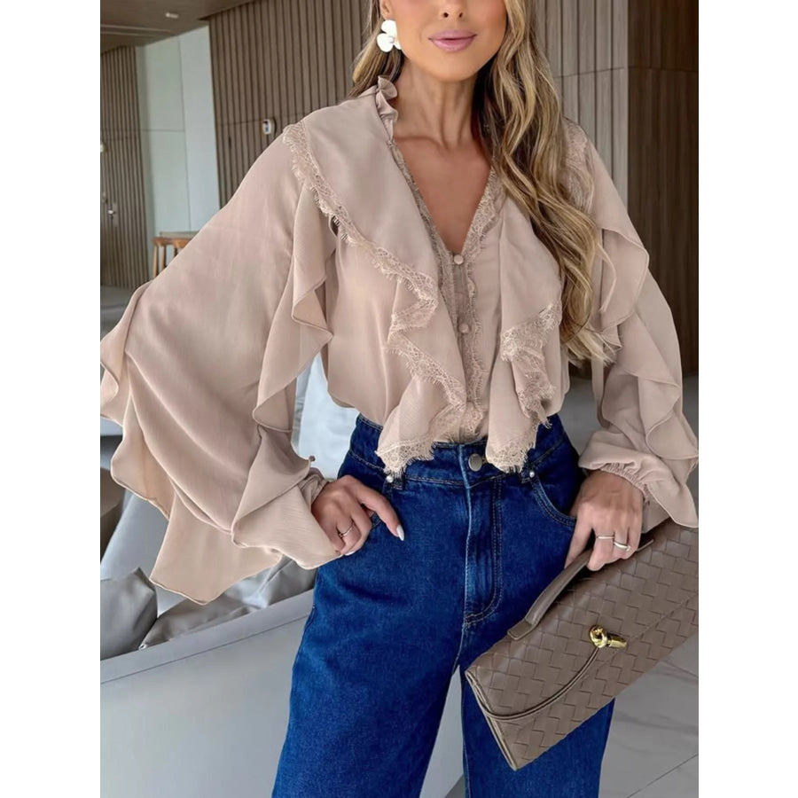V-Neck Ruffled Lace Trim Blouse Apparel and Accessories