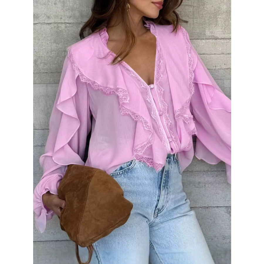 V-Neck Ruffled Lace Trim Blouse Apparel and Accessories