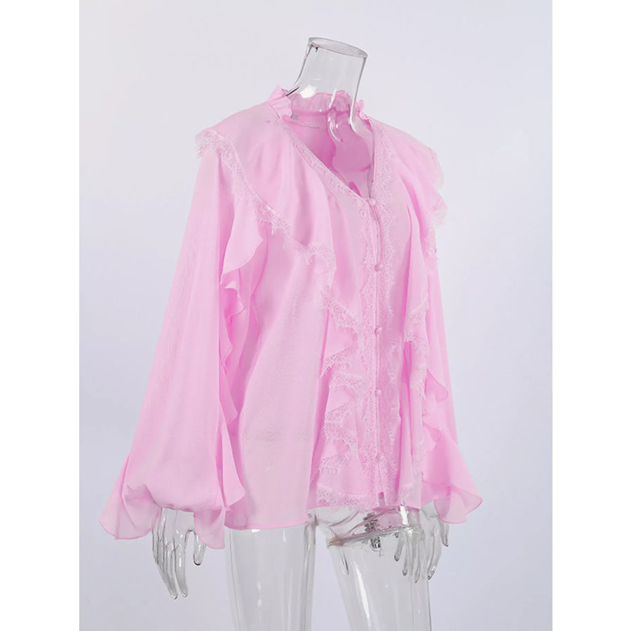 V-Neck Ruffled Lace Trim Blouse Apparel and Accessories
