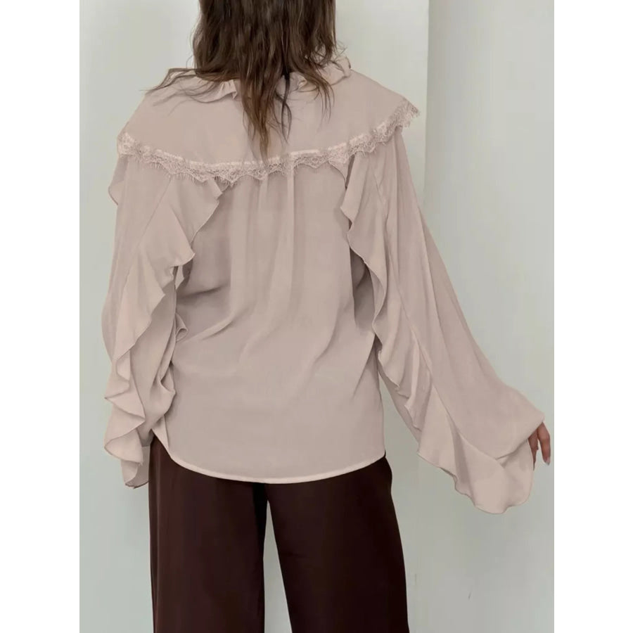 V-Neck Ruffled Lace Trim Blouse Apparel and Accessories