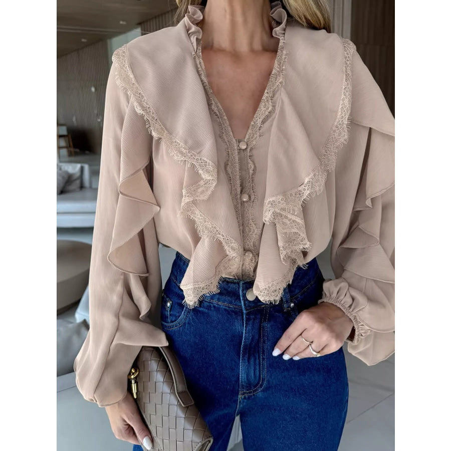V-Neck Ruffled Lace Trim Blouse Apparel and Accessories