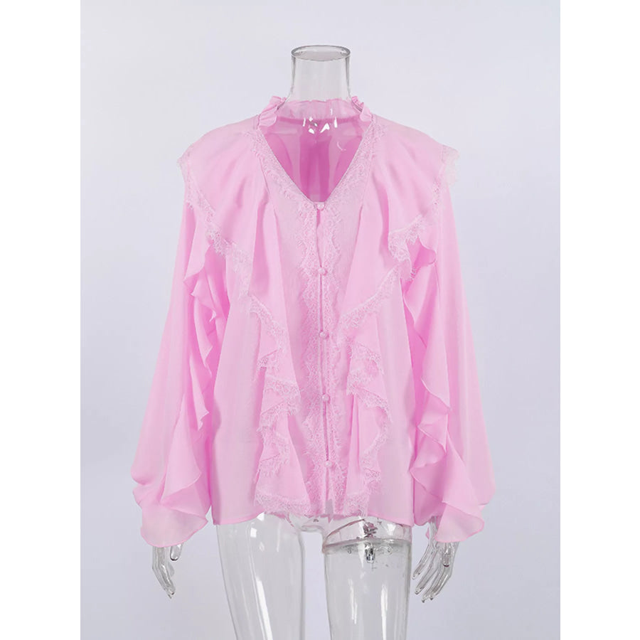 V-Neck Ruffled Lace Trim Blouse Apparel and Accessories
