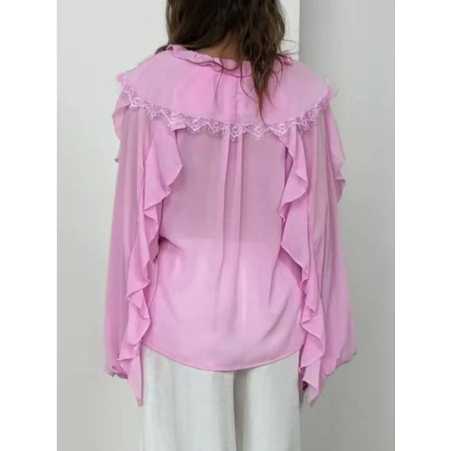 V-Neck Ruffled Lace Trim Blouse Apparel and Accessories