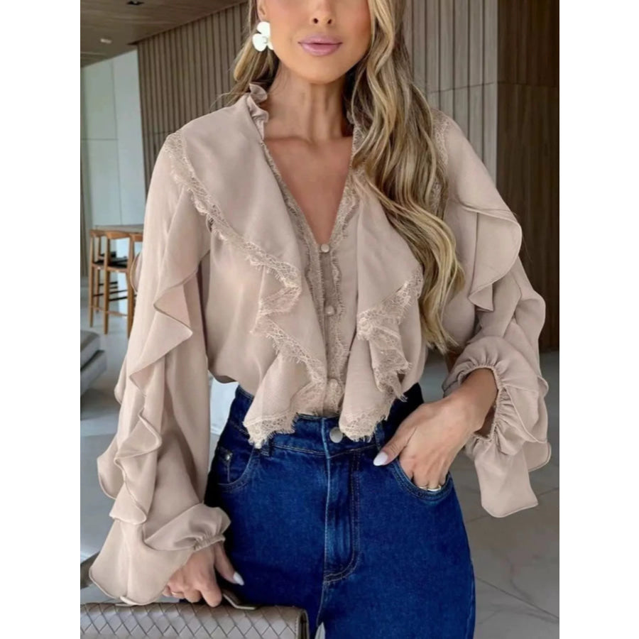 V-Neck Ruffled Lace Trim Blouse Apparel and Accessories