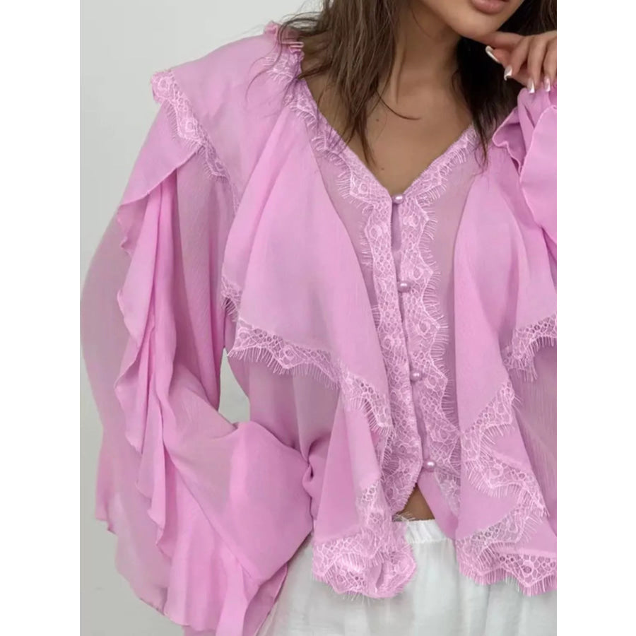 V-Neck Ruffled Lace Trim Blouse Apparel and Accessories