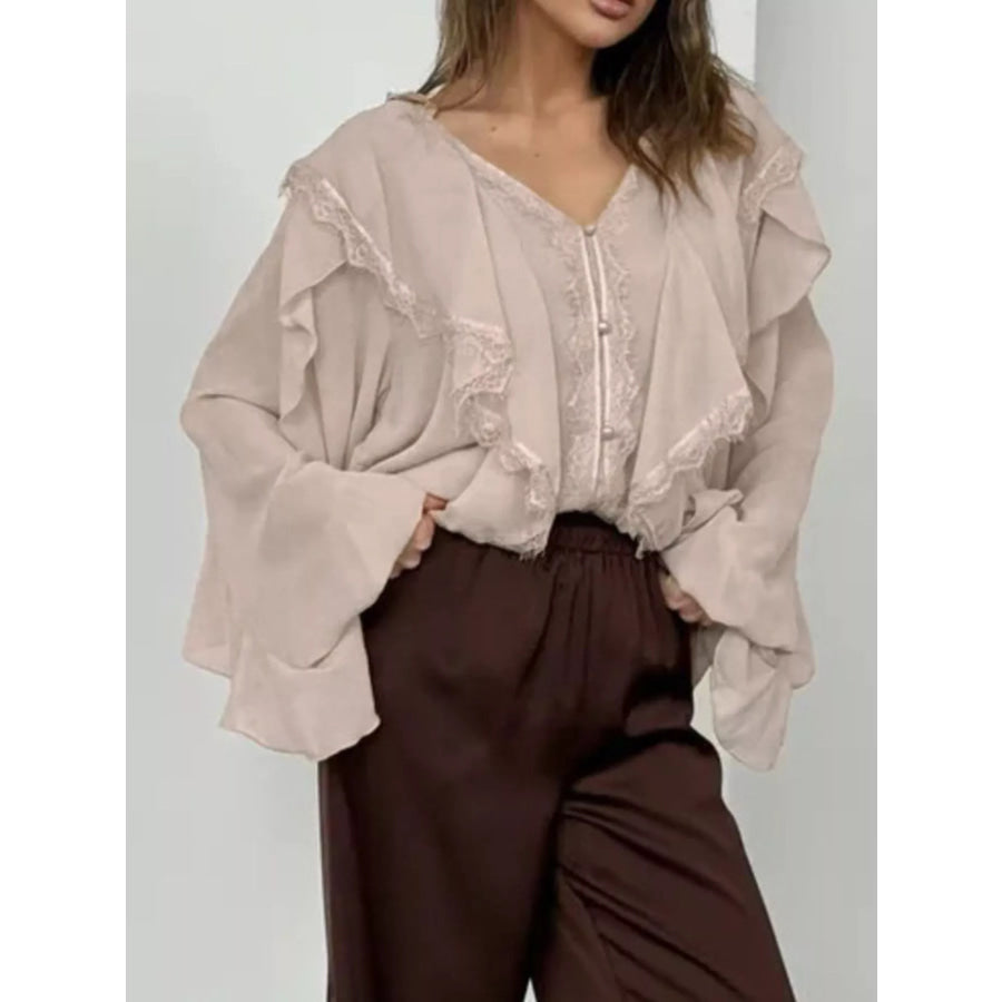 V-Neck Ruffled Lace Trim Blouse Apparel and Accessories