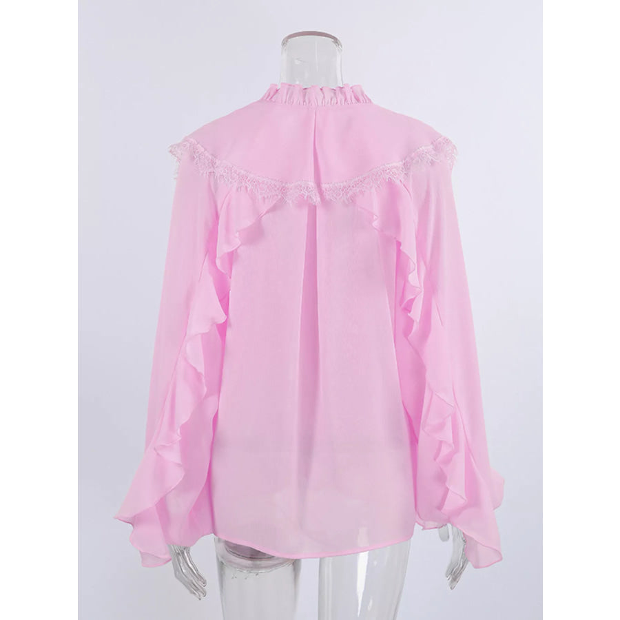 V-Neck Ruffled Lace Trim Blouse Apparel and Accessories