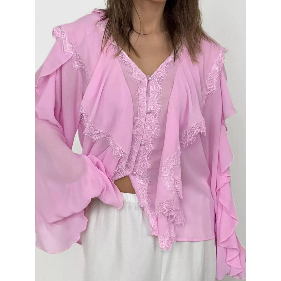 V-Neck Ruffled Lace Trim Blouse Apparel and Accessories