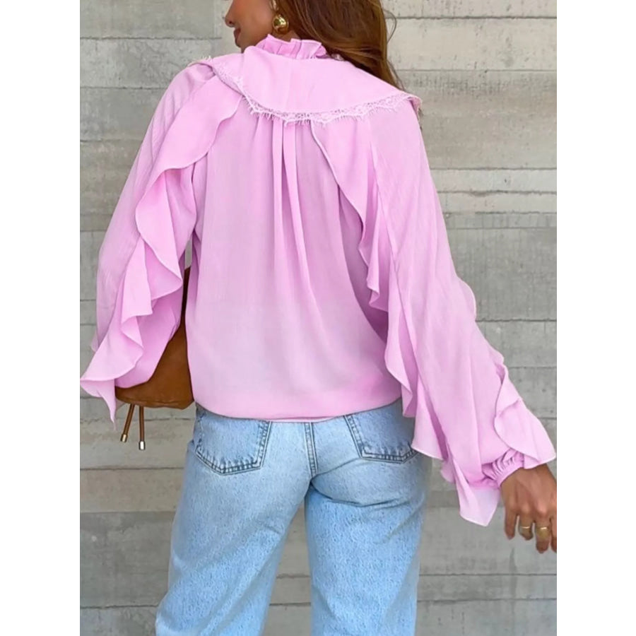 V-Neck Ruffled Lace Trim Blouse Apparel and Accessories