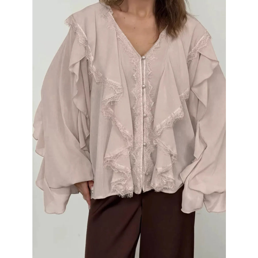 V-Neck Ruffled Lace Trim Blouse Apparel and Accessories