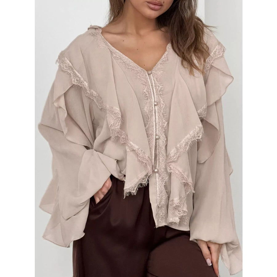 V-Neck Ruffled Lace Trim Blouse Khaki / S Apparel and Accessories