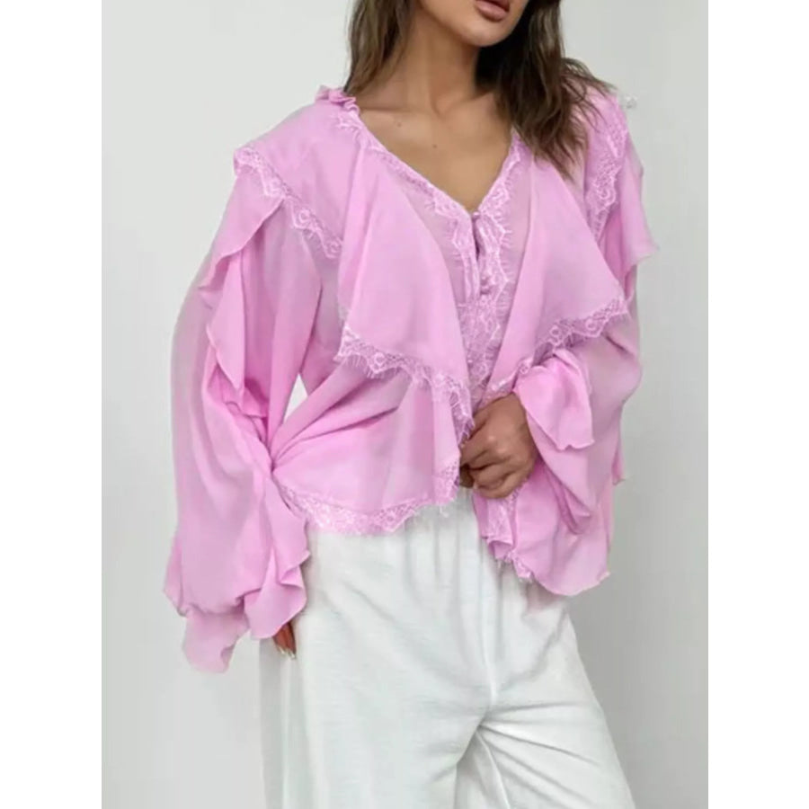 V-Neck Ruffled Lace Trim Blouse Pink / S Apparel and Accessories